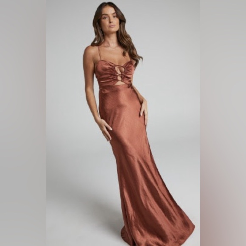 Showpo MIREILLE BIAS CUT CROSS BACK SATIN MAXI DRESS IN RUST